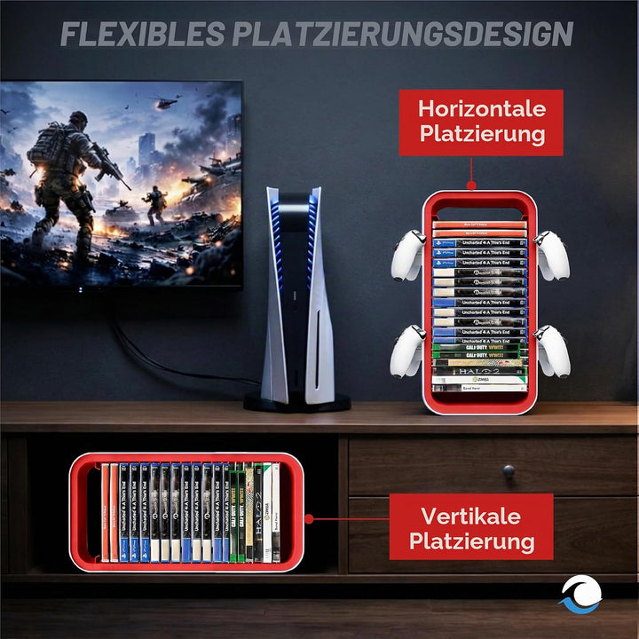 Universal Games Storage Tower Pro - Bis zu 18 Spiele - Mit Controller Halterung für bis zu 4 Gamepad