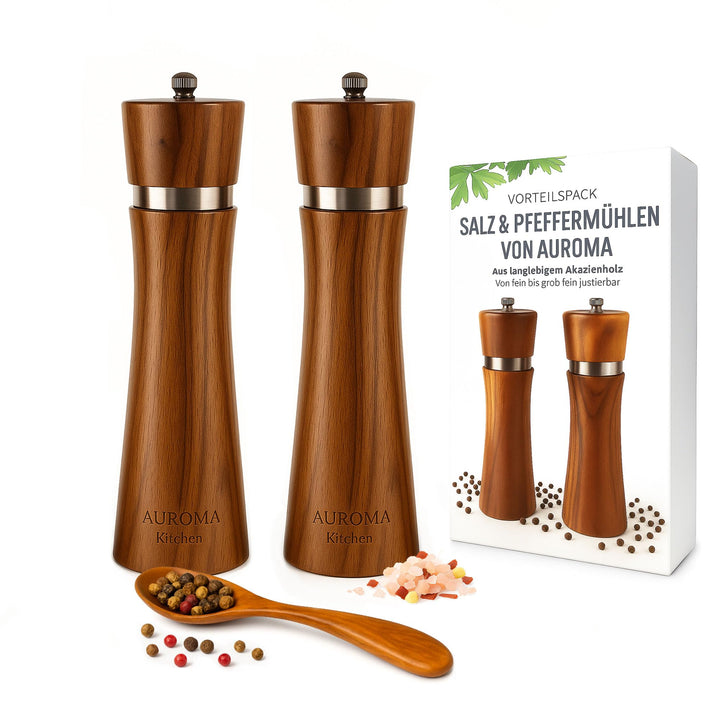 AUROMA Salz & Pfeffermühlen Set aus hochwertigem Akazienholz gefertigt | Modernes Design | Geschenki