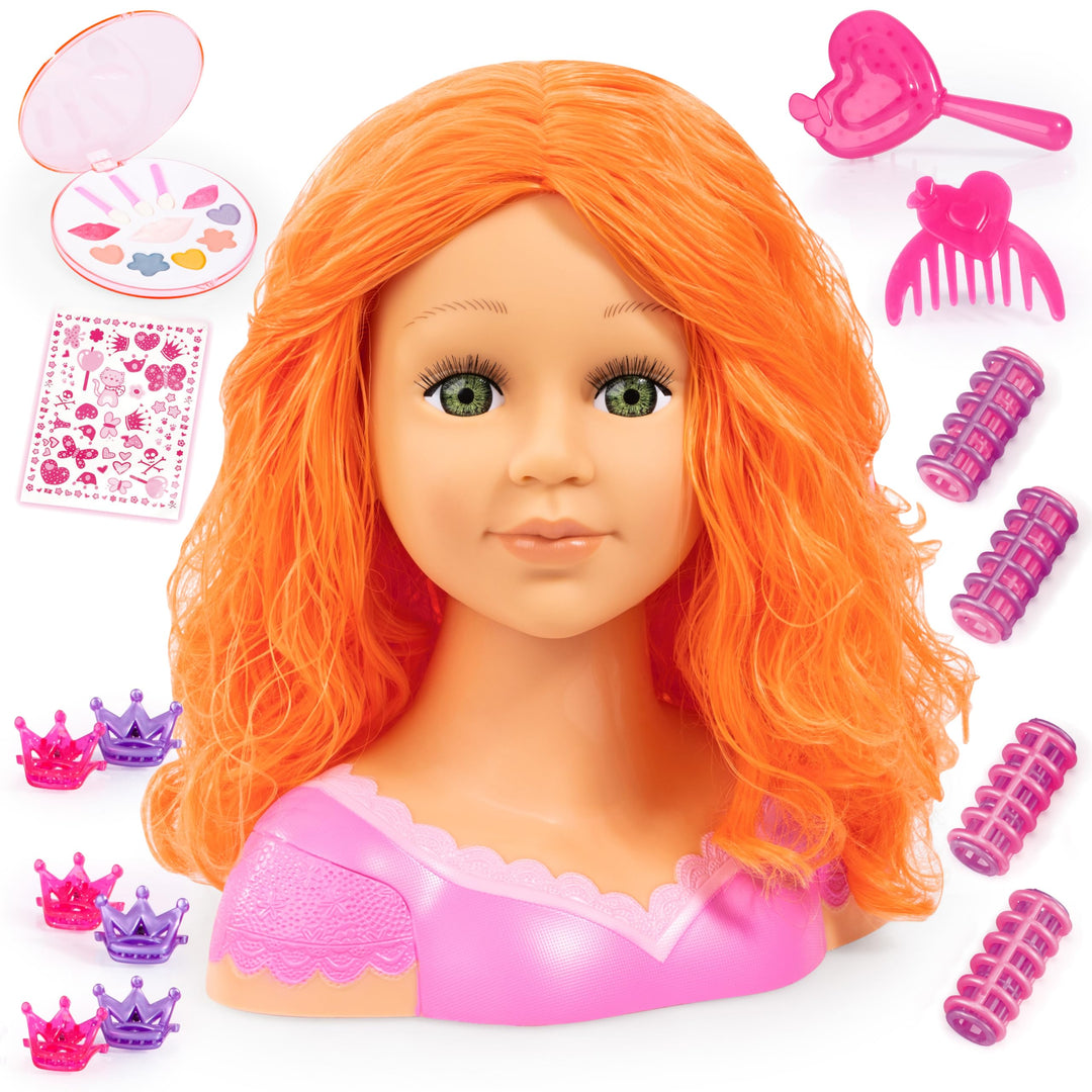 Bayer Design 90088BO Frisierkopf Charlene Super Model mit Haarzubehör, Schminke, rot orange, Rot Ora