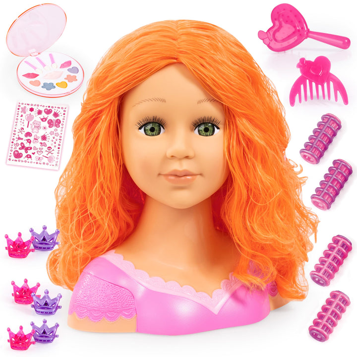Bayer Design 90088BO Frisierkopf Charlene Super Model mit Haarzubehör, Schminke, rot orange, Rot Ora