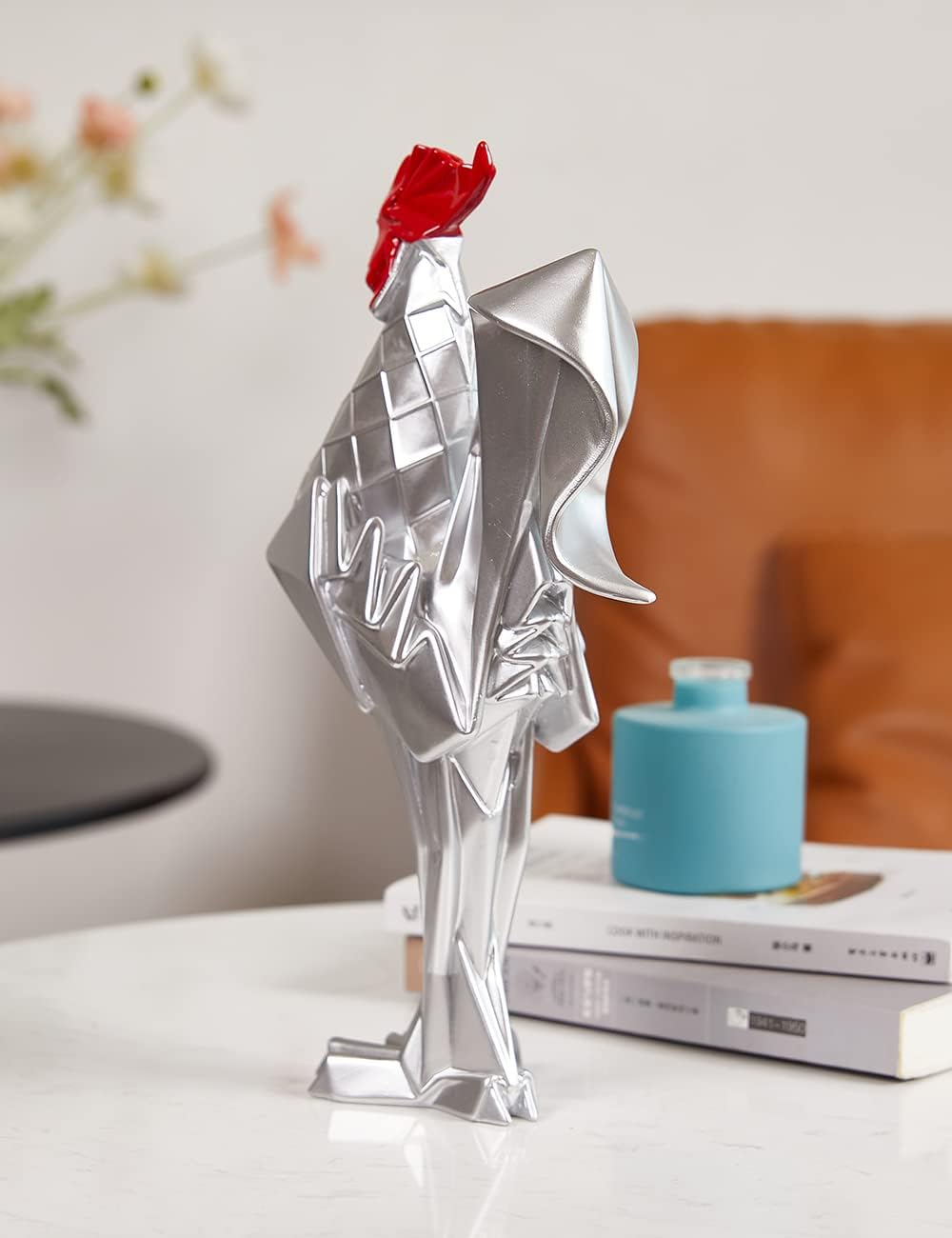 NENBOLEC Modern Skulptur Dekor Hahn Statue Tier Arts Wohnzimmer Kunst Polyresin Silber Geschenk 31cm