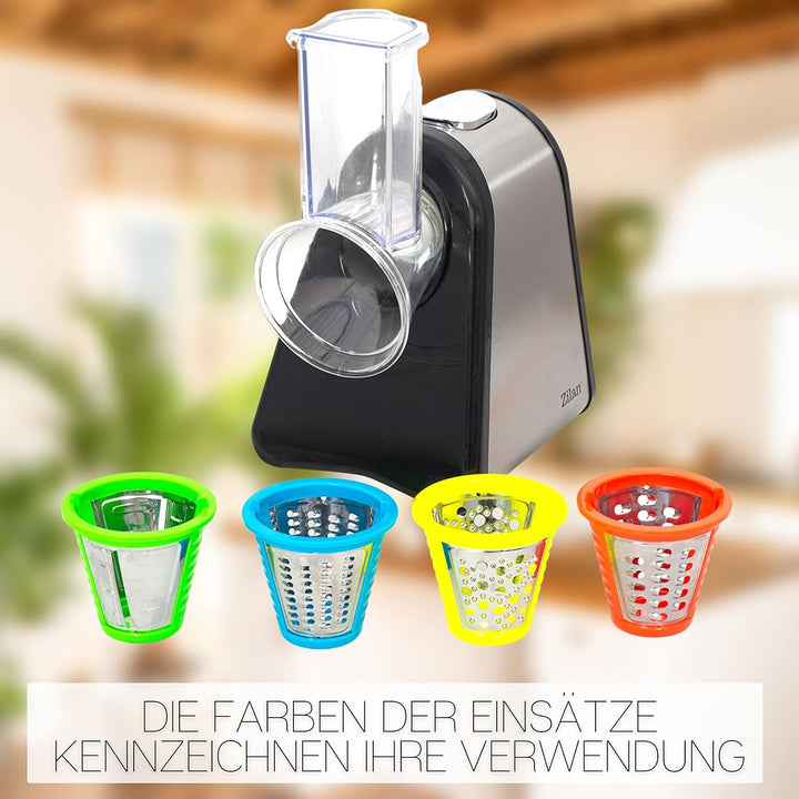 Elektrische Küchenreibe | 200 Watt | 4 Aufsätze | Trommeln aus Edelstahl | Elektrischer Gemüsehobel