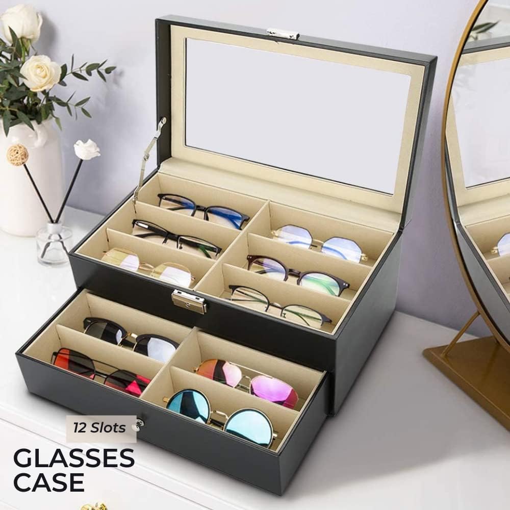 MAGIC SELECT Brillenbox mit 12 Fächern, Etui für Sonnenbrille, Lesebrille, mit transparentem Glasdec