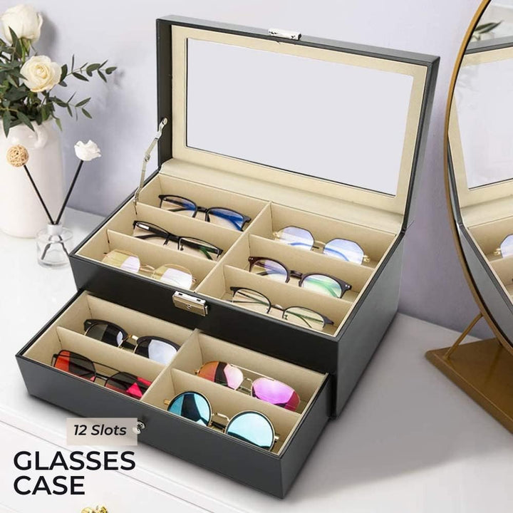 MAGIC SELECT Brillenbox mit 12 Fächern, Etui für Sonnenbrille, Lesebrille, mit transparentem Glasdec
