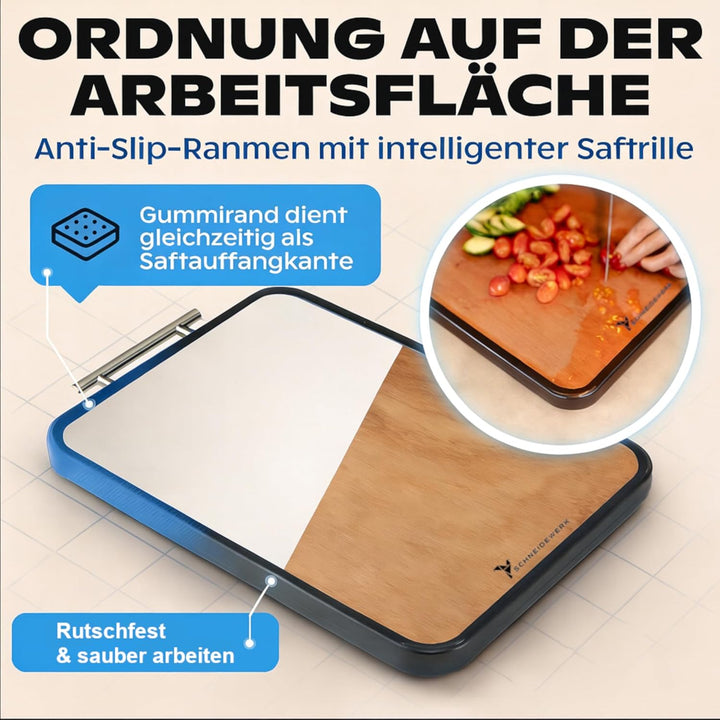 Doppelseitiges Schneidebrett Holz & Edelstahl – 2-in-1 Küchenbrett | Rutschfestes Cutting Board, Gro