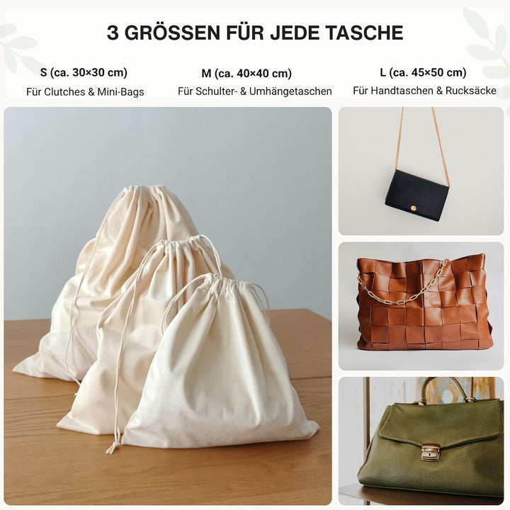 Samtweiche Staubschutzbeutel für Handtaschen, 3er Set Stoffbeutel | Aufbewahrungsbeutel mit Baumwoll