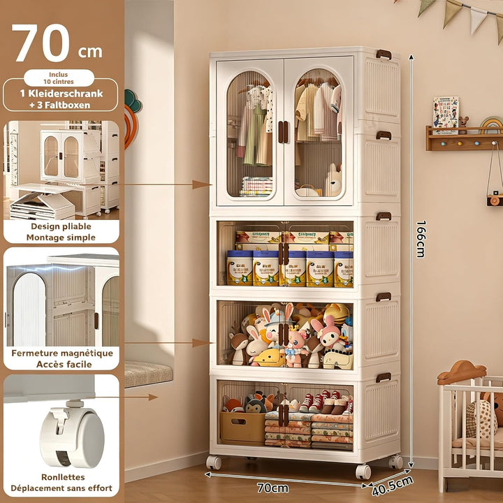 Faltbarer Kleiderschrank mit Rollen, 455L, 4 Ebenen Kunststoffschrank, Transparente Türen, Staubdich
