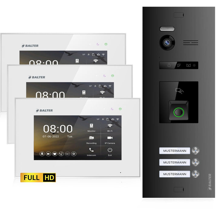 Balter EVO-HD Video Türsprechanlage mit Fingerprint, Video Türklingel, 3 Familienhaus, 3X 7 Zoll Mon