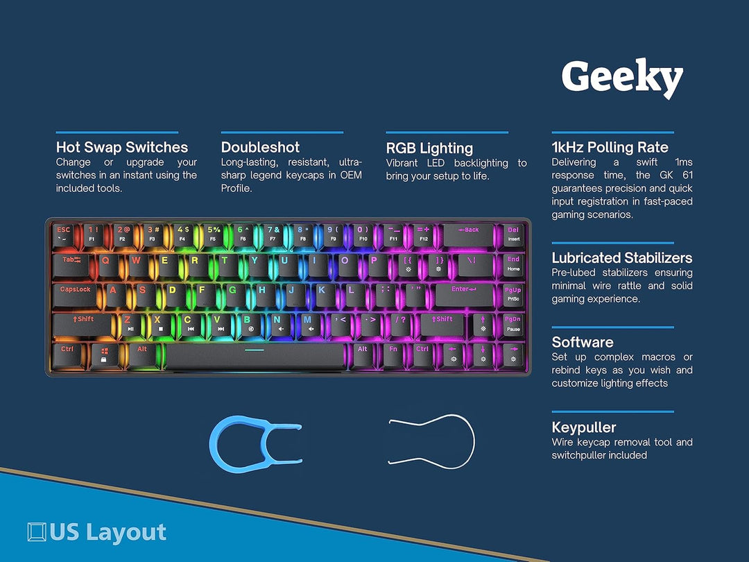 Geeky GK65 65% | Hot Swappable Mechanische Gaming-Tastatur | 68 Tasten Multi Color RGB LED Hintergru