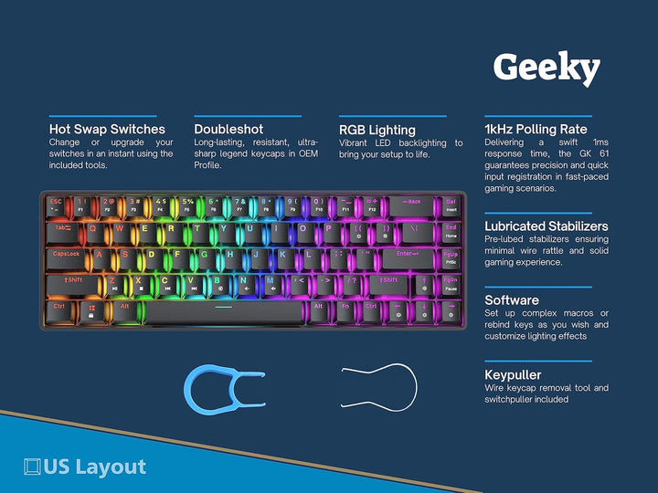 Geeky GK65 65% | Hot Swappable Mechanische Gaming-Tastatur | 68 Tasten Multi Color RGB LED Hintergru