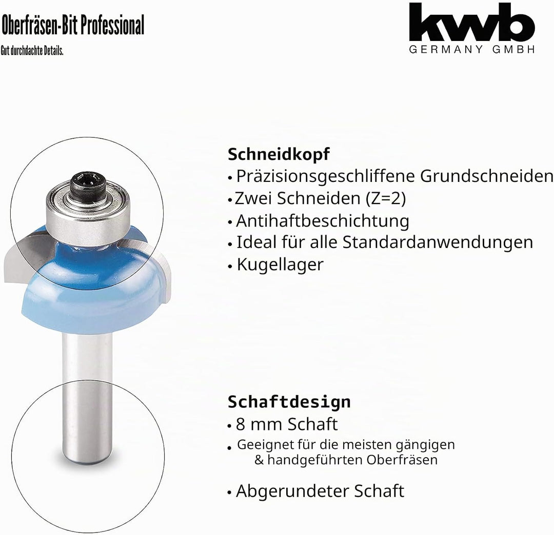 kwb Hohlkehlfräser Ø 25,7 mm, hartmetallbestückt mit Anlaufkugellager, präzisem Spannschaft und opti