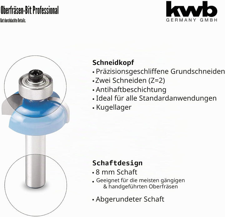 kwb Hohlkehlfräser Ø 25,7 mm, hartmetallbestückt mit Anlaufkugellager, präzisem Spannschaft und opti