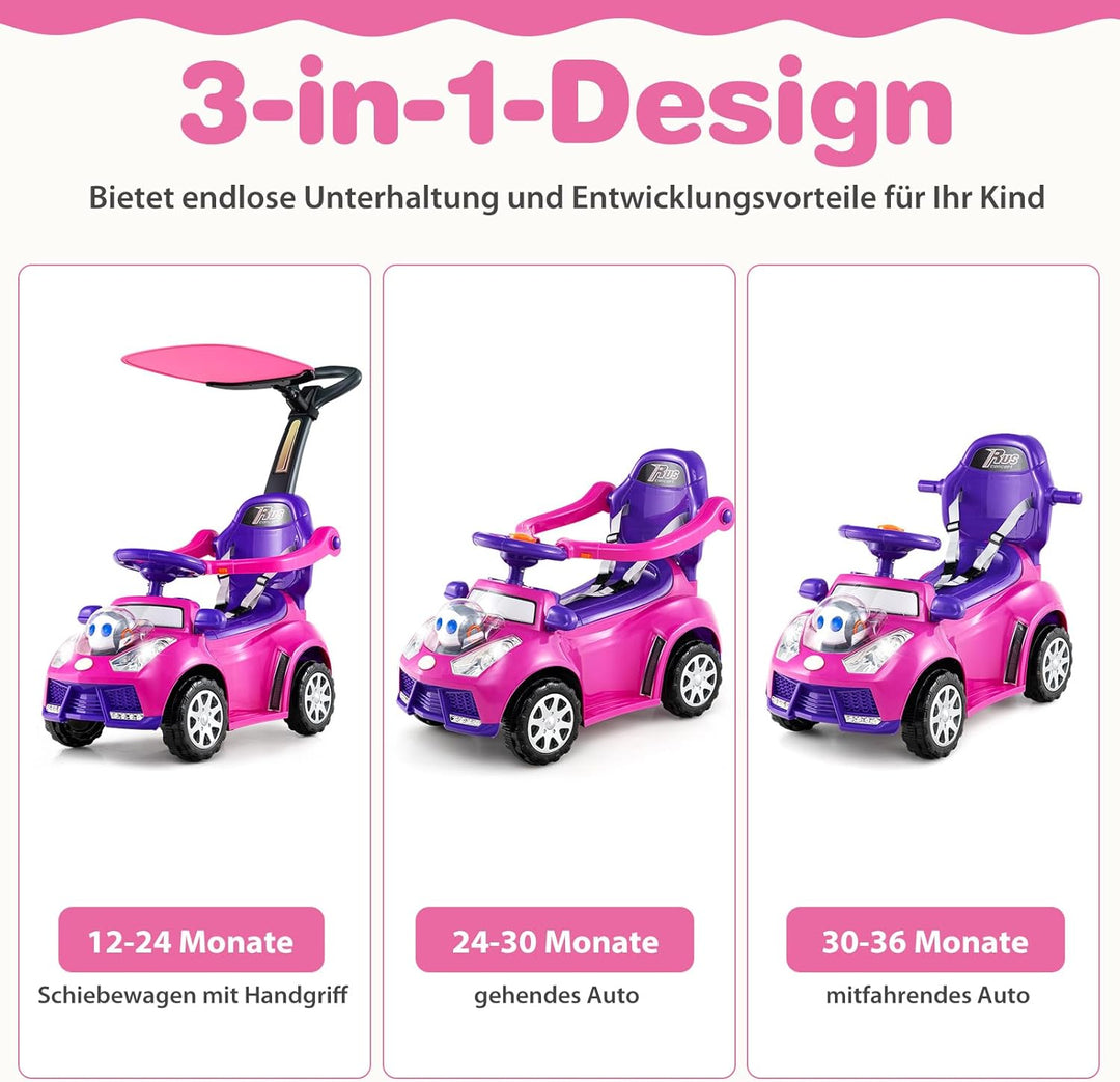 DREAMADE Kinder Rutschauto, 3 in 1 Schiebeauto mit abnehmbarem Verdeck, Sicherheitsgurt & Stauraum,