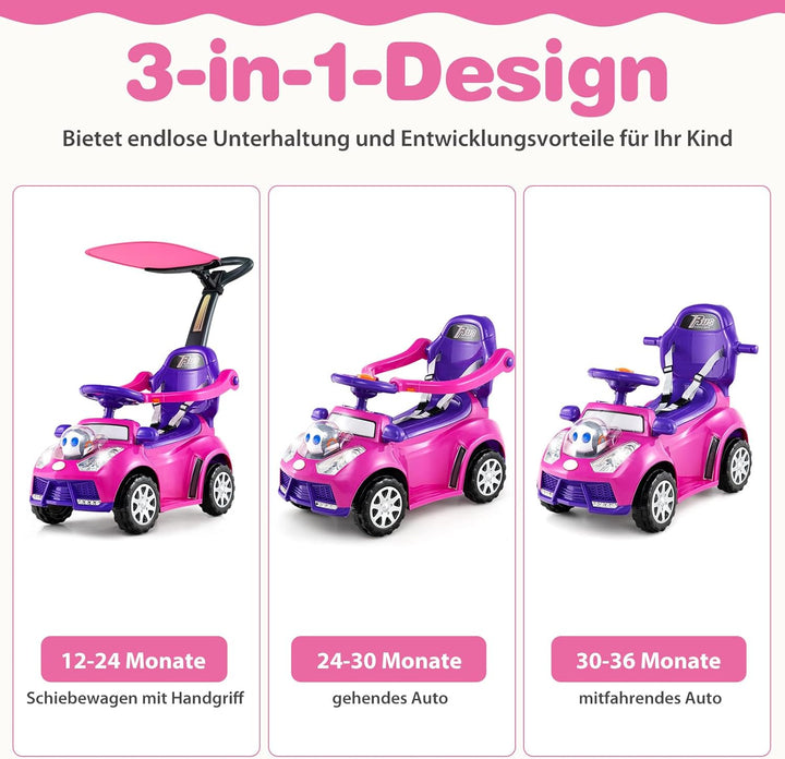 DREAMADE Kinder Rutschauto, 3 in 1 Schiebeauto mit abnehmbarem Verdeck, Sicherheitsgurt & Stauraum,