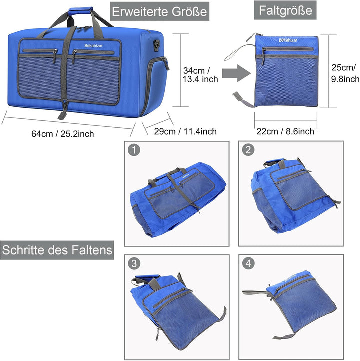 Leichte Faltbare Reisetasche 60L Grosse Travel Duffle Bag Übernachtung Taschen Verpackbar Reisegepäc