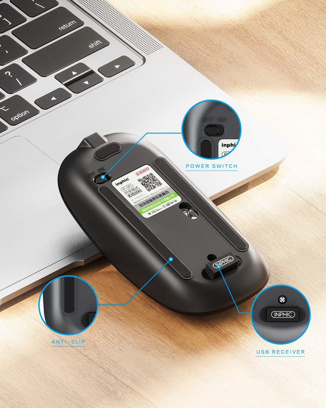 inphic Maus Kabellose wiederaufladbar, Ultra Slim 2.4G Leise Funkmaus Optische Computermaus 2400 DPI