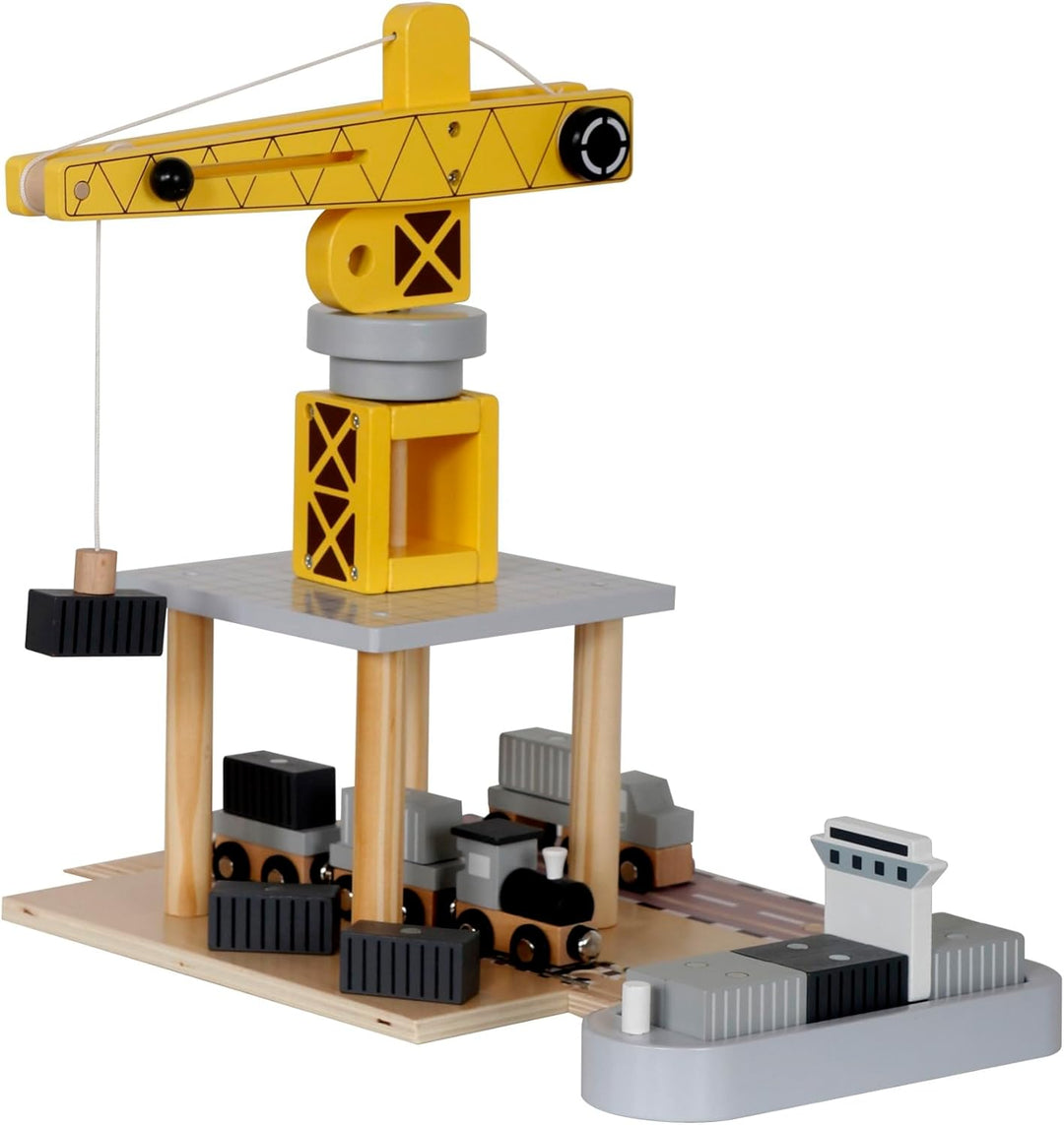 Beweglicher Hafenkran mit Magnetwinde und Zubehör - Holz-Set, 360° Kran, LKW, Wagen, Anhänger, Spiel
