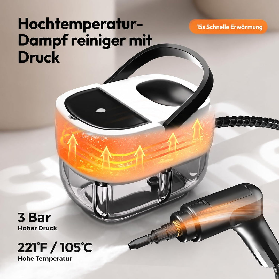 Dampfreiniger Handgerät, Tragbarer Hochdruck Dampfreiniger für Zuhause & Auto, 3-Stufiger Griff, 15