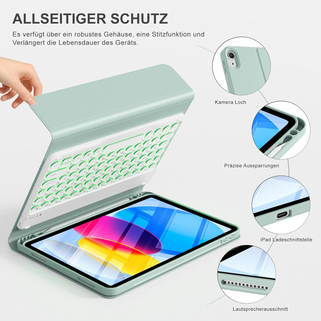 ZOPSGYU Hülle mit Tastatur für iPad A16 11/10 Generation 2025/2022, 11/10,9 Zoll, Farben Beleuchtete