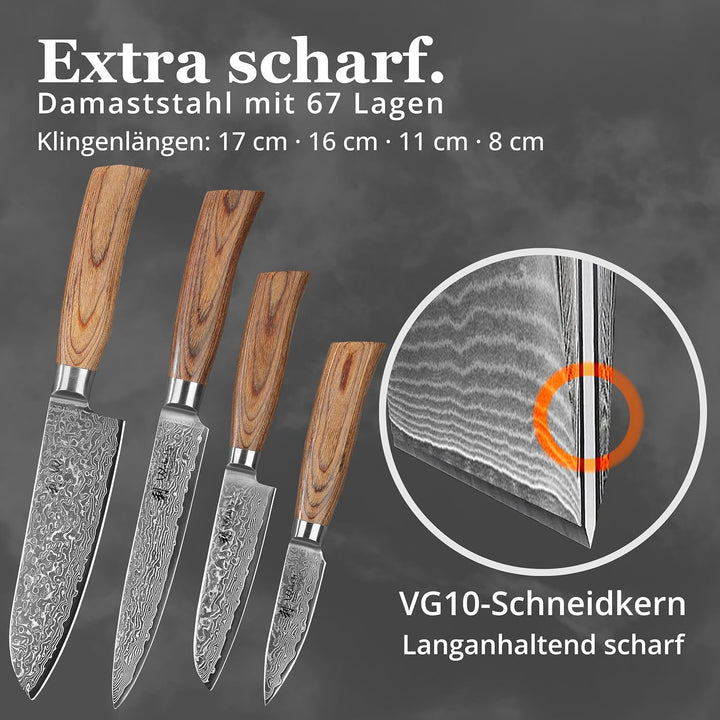 Wakoli Edib Pro 4er Damastmesser-Set mit Klingen von 8,50 - 17,20 cm Länge extrem scharf aus 67 Lage