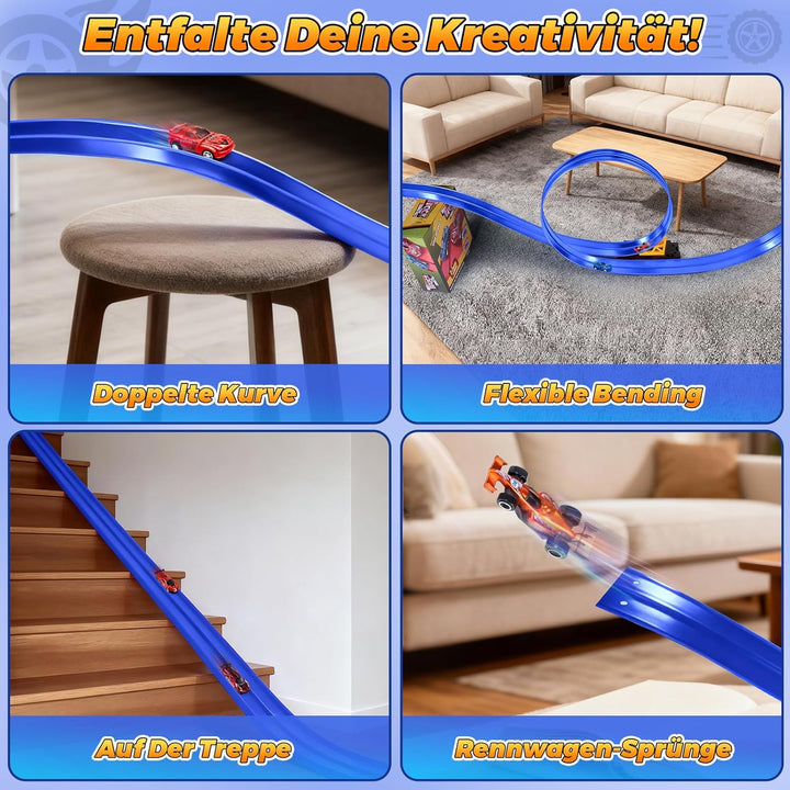 Autorennbahn Kinder, 500CM Rennbahn Rennstrecke Flexible Rennstrecke Kinder mit 6 Kleinwagen Aufbewa