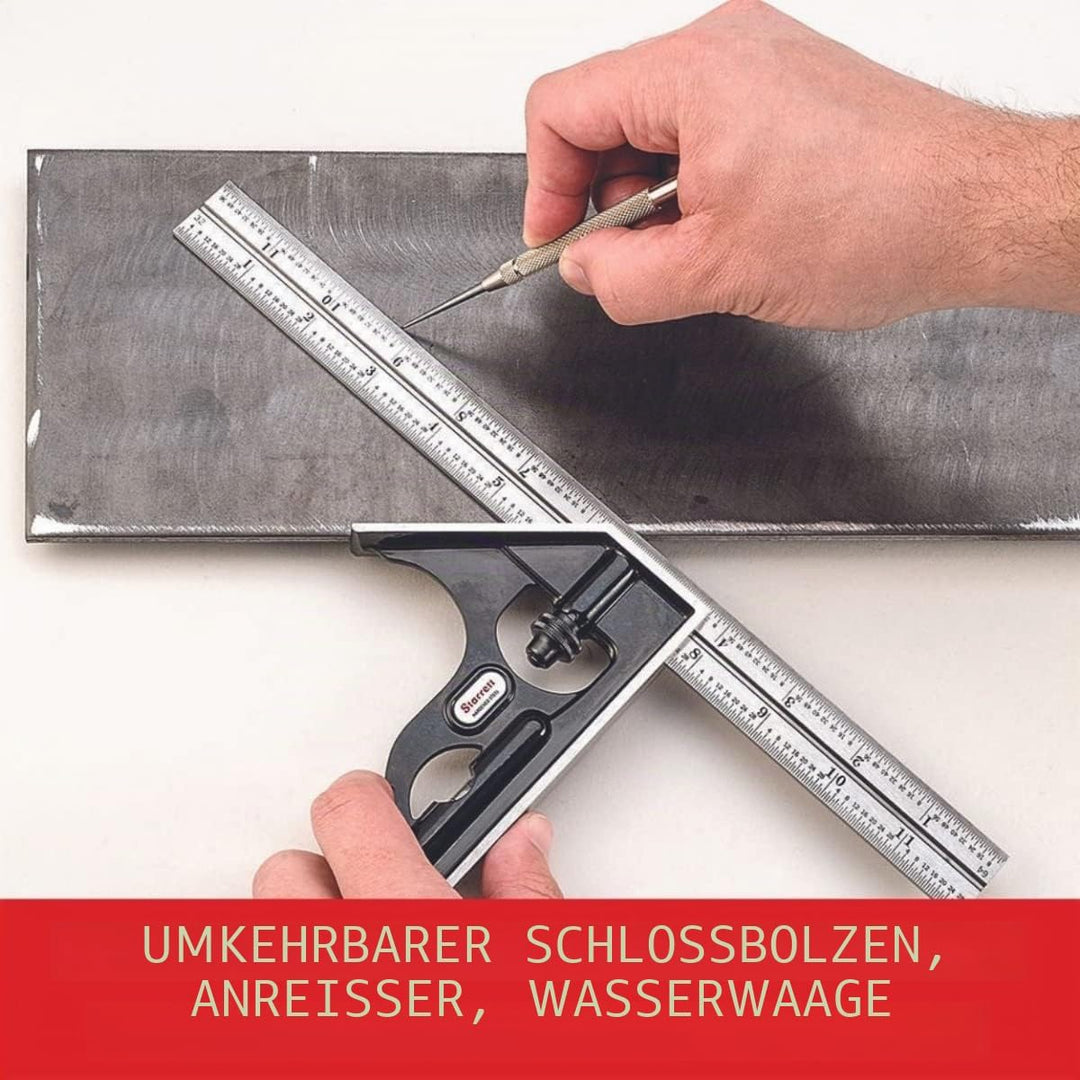 Starrett Stahl-Kombinationswinkel mit quadratischem Kopf – 30,5 cm Klingenlänge, Gusseisenkopf, gehä