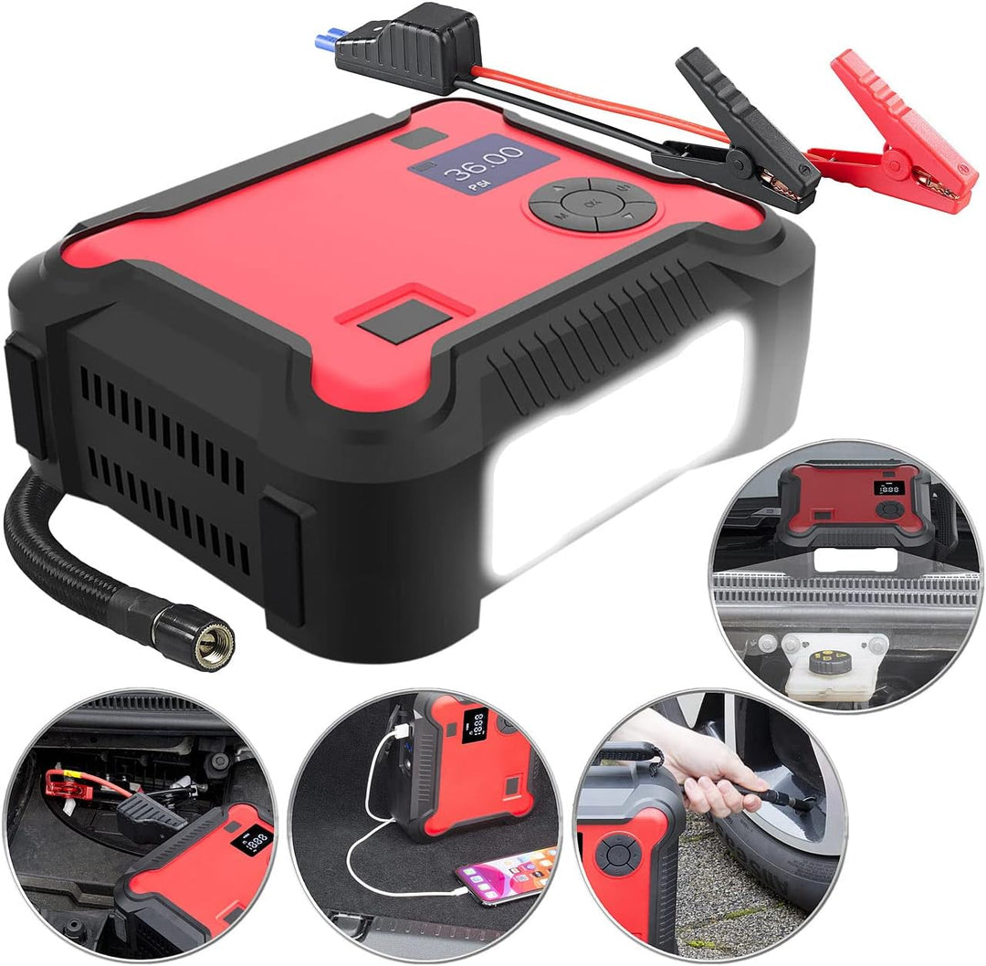 revolt Pkw Starthilfe: 4in1-Starthilfe-Powerbank, Kompressor, USB, 16 Ah, 1200A, 150 psi (Pumpe, Akk