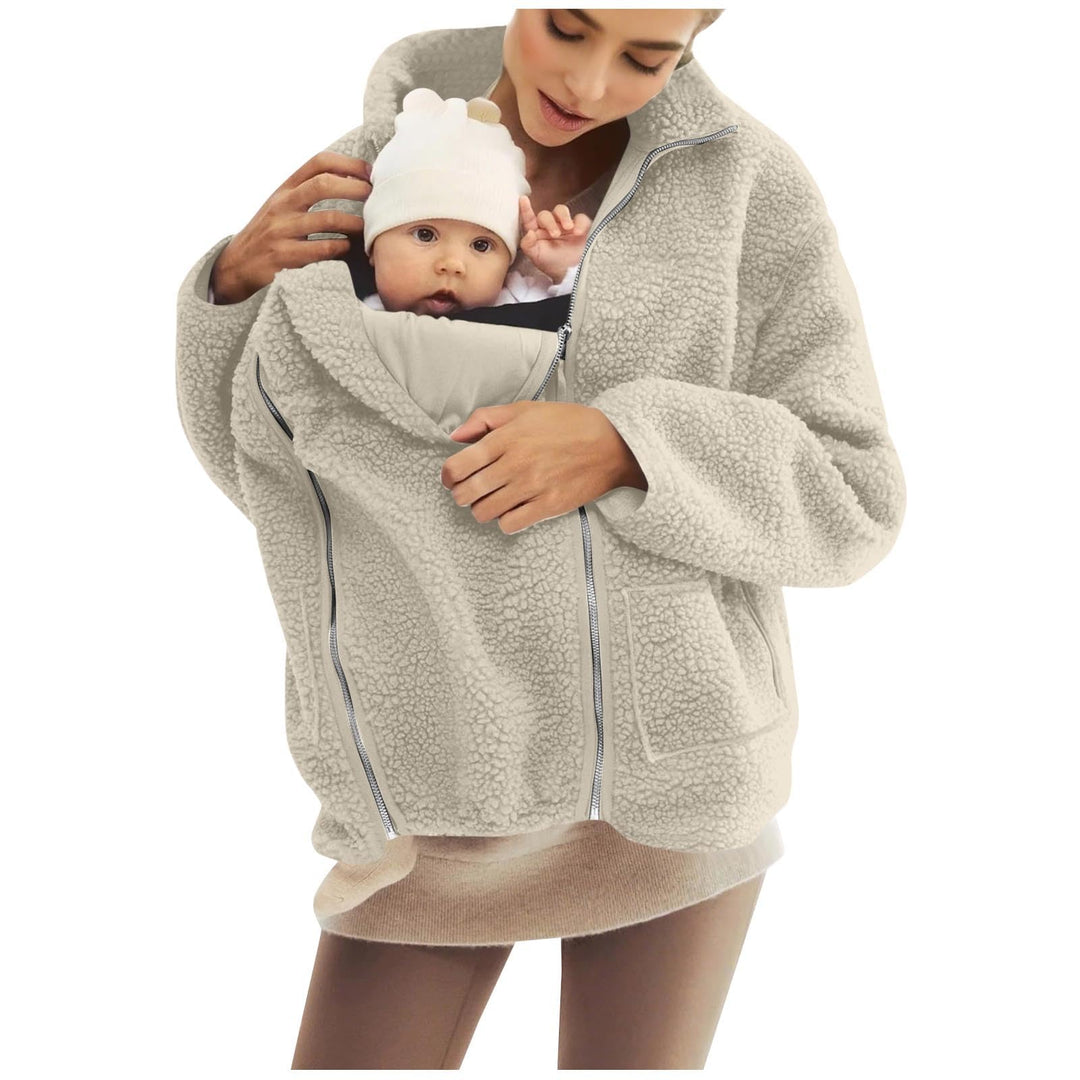SYDUZAX Umstandsjacke mit Babyeinsatz Warm Teddy Fleecejacke Umstands Baumwolljacke Winter Umstandsm