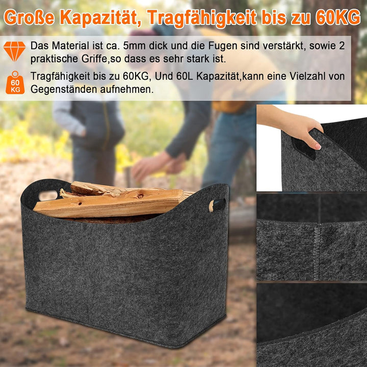 Froadp 4 Stück Filz Kaminholztasche Filztaschen Tragfähigkeit bis 60KG Tragbarer Feuerholzkorb aus V