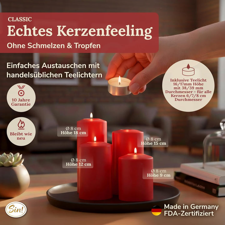 Sin!® 4er Set Teelichthalter & Dauerkerze Classic ROT ∅ 8cm H 9/12/15/18cm Seidenglanz - Die Kerze d