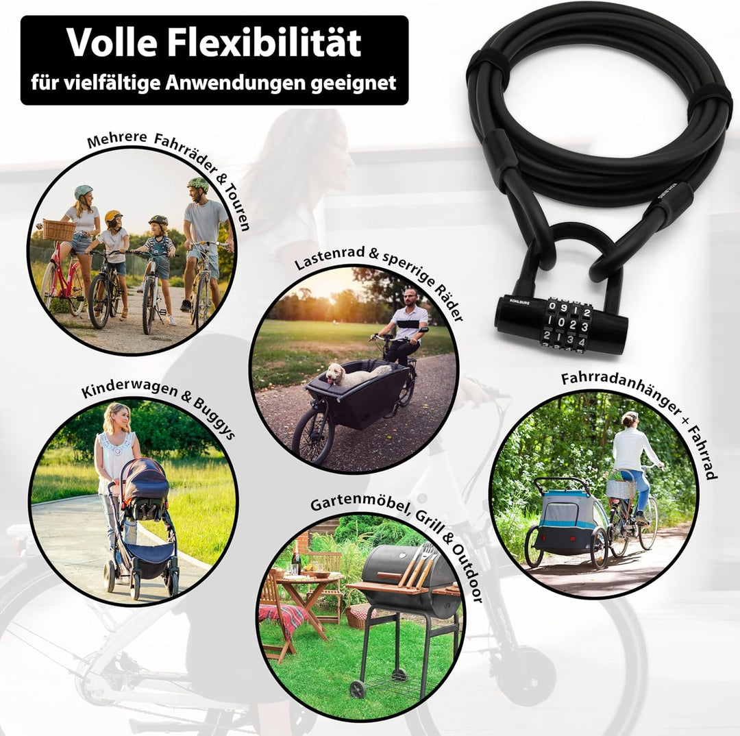 KOHLBURG Kabelschloss 5 Meter lang mit Zahlenkombination - 500cm Zahlenschloss - Stahlseil Schloss 5