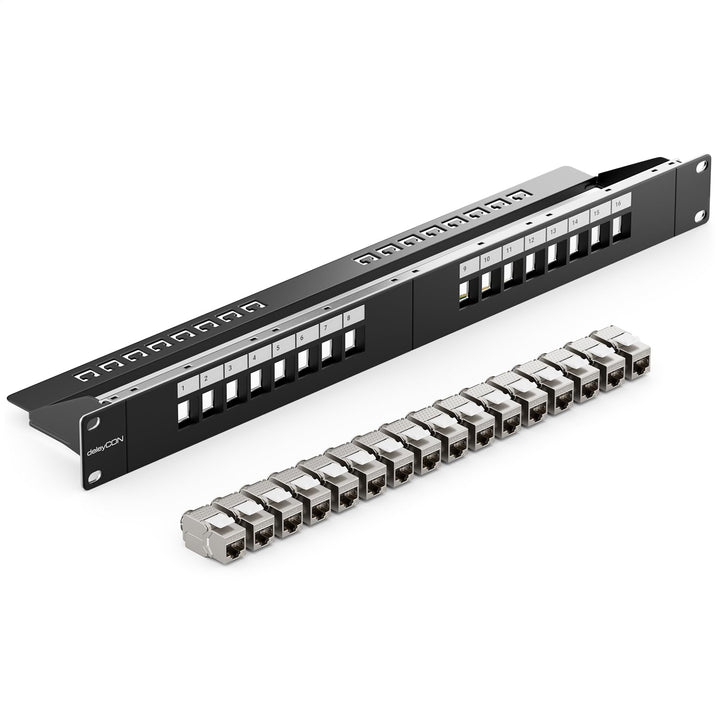 deleyCON 16 Port Patchpanel Set Patchfeld Modular 1 HE 19" Zoll Rackeinbau + 16x RJ45 Keystone Modul