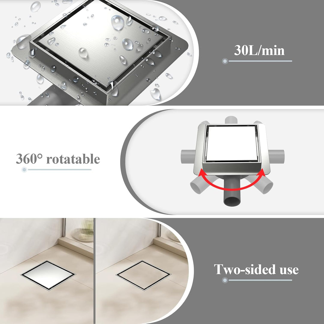15x15cm Duschrinne Quadrat, Befliesbar Duschablauf Komplettset Edelstahl mit 360° Siphon Geruchsstop