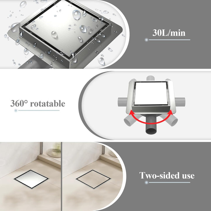 15x15cm Duschrinne Quadrat, Befliesbar Duschablauf Komplettset Edelstahl mit 360° Siphon Geruchsstop