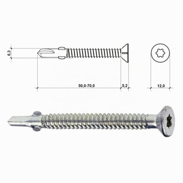 WSDST Ø 6,3mm x 50mm Flügelbohrschrauben Senkkopf für Holz auf Stahl Bohrschrauben Torx TX