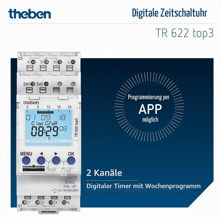 Theben 6220130 TR 622 top3 - Digitale 2-Kanal Zeitschaltuhr mit 2 externen Eingängen und App-Program