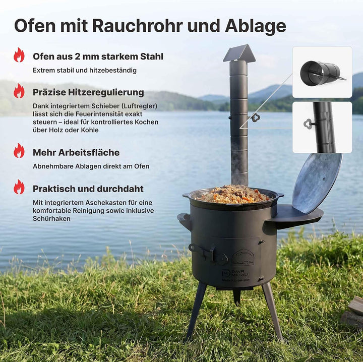 Super Set: Utschag Feuerstelle Ø36cm Stahl 2mm Kazan 10L Outdoor Feuerofen | Rauchrohr Luftklappe As