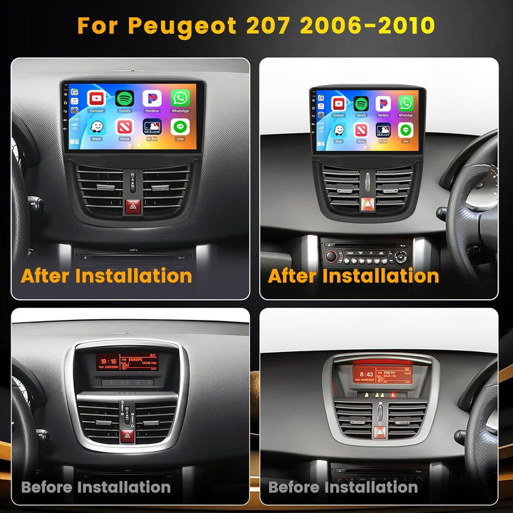 Hikity 2G+64G Autoradio Android 15 für Peugeot 207 2006-2010 mit 9-Zoll-Touchscreen, Radio 2 DIN mit