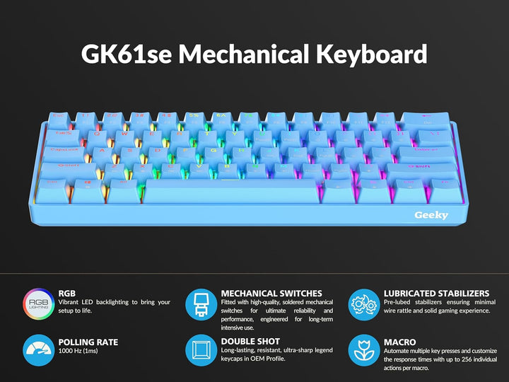 Geeky GK61 SE 60% | Mechanische Gaming-Tastatur | 61 Tasten Multi Color RGB LED Hintergrundbeleuchtu