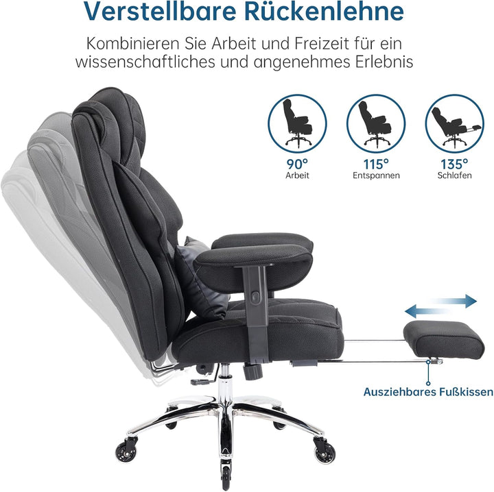 Ergonomischer Bürostuhl 200kg, Chefsessel mit Fussstütze, Schreibtischstuhl mit Lendenkissen, Bequem