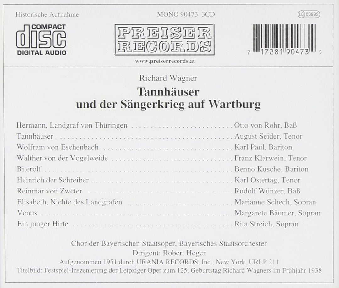 Wagner: Tannhäuser (Gesamtaufnahme) (Aufnahme Urania Records 1951), Audio-CD
