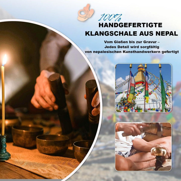 Tibetanische Klangschalen- Set - 100% von Hand in Nepal gehämmerte Klangschale für Meditation, Yoga,