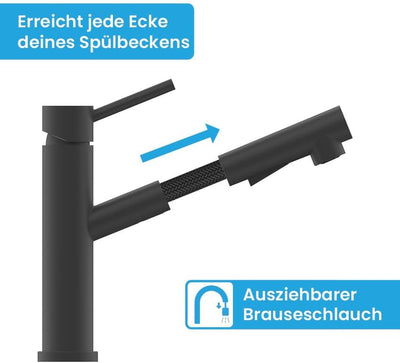 Bächlein Küchenarmatur Rosandro (matt schwarz) – Einhand-Spültischbatterie aus Edelstahl mit auszieh