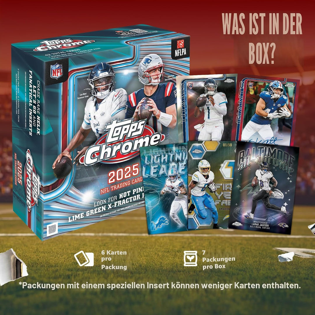 2025 Topps Chrom-Fussball, werksseitig versiegelt, Mega-Box