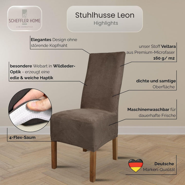 SCHEFFLER-Home Stuhlhussen 4er Set Leon Taupe-Braun/elastische Wildleder Hussen für Stühle/Robustes