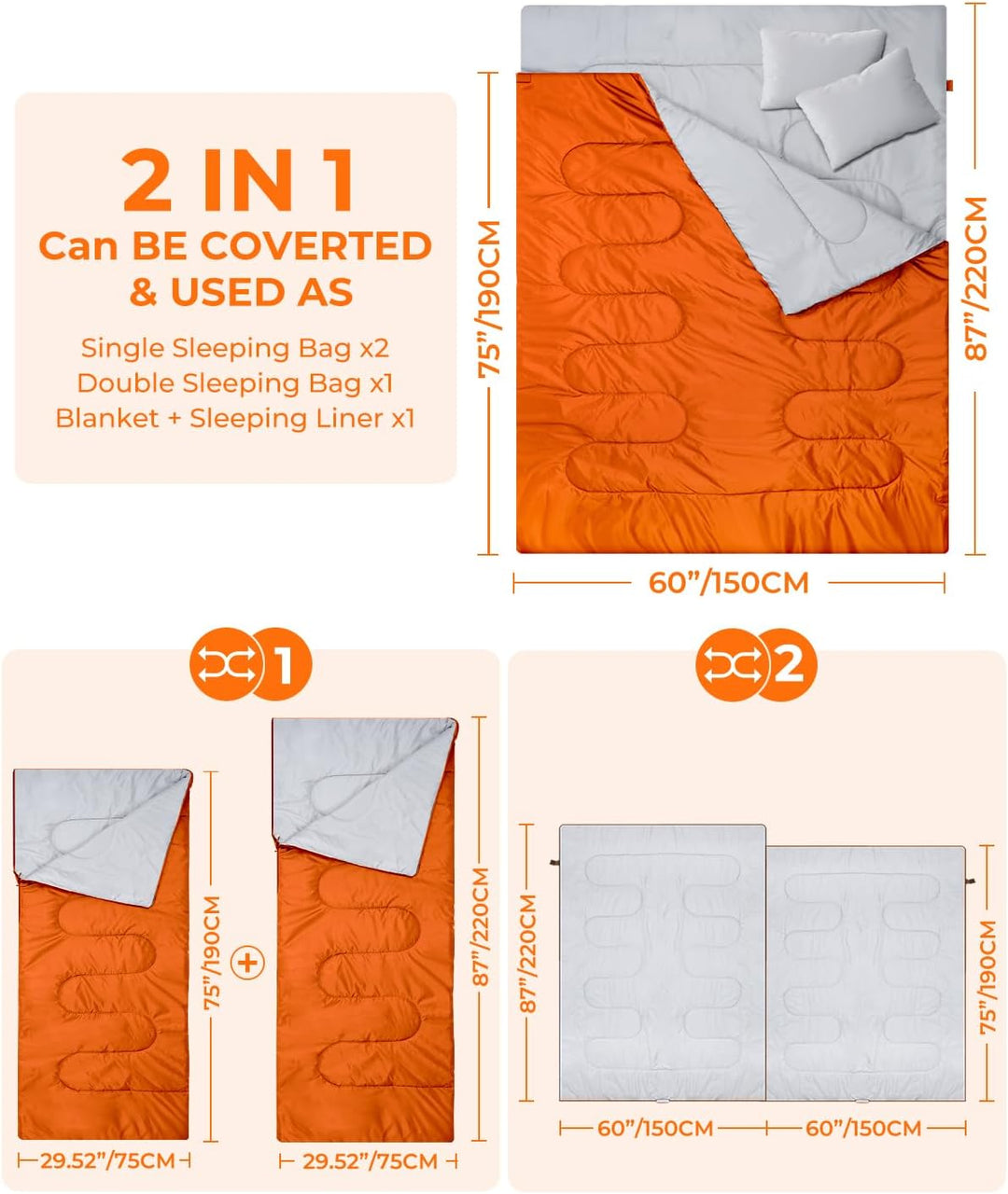 Ohuhu Doppelschlafsack, Schlafsack 2 Personen 220x150cm Schlafsack Outdoor mit 2 Kissen Deckenschlaf
