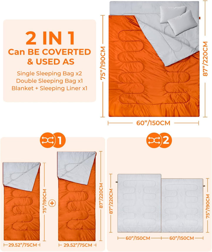Ohuhu Doppelschlafsack, Schlafsack 2 Personen 220x150cm Schlafsack Outdoor mit 2 Kissen Deckenschlaf