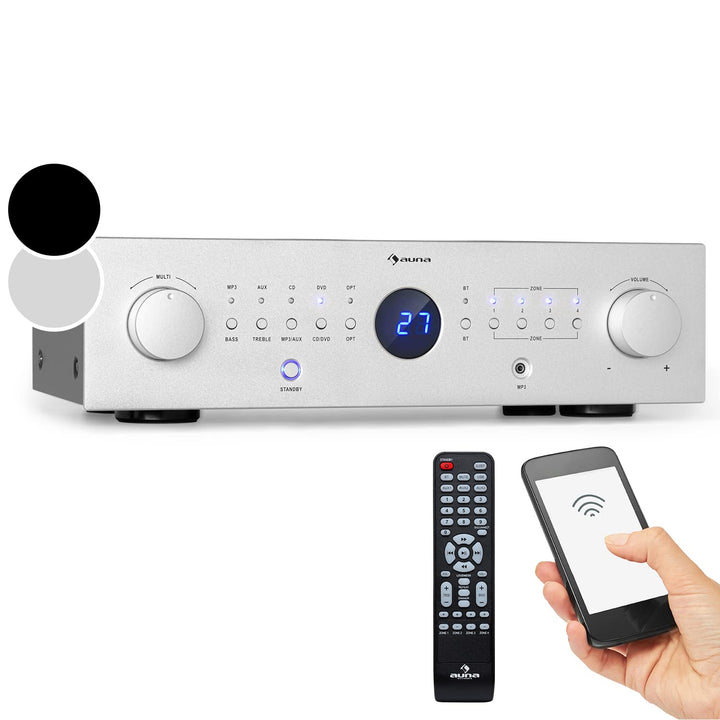 Auna Verstärker, HiFi Stereo Mini Verstärker, HiFi-Verstärker mit Bass & Treble Regler, 4 Kanal Audi