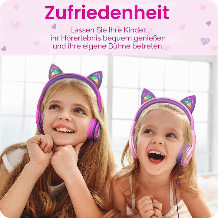 FosPower Kinderkopfhörer mit LED Katzenohren, 85dB Lautstärkebegrenzung, 3.5mm On-Ear Kabelgebundene