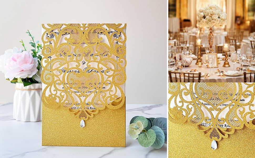 Hosmsua 20x Golden Glitzer Hochzeit EinladungsKarten Lasercut Rose Spitze Wasserdiamant Hochzeitsein